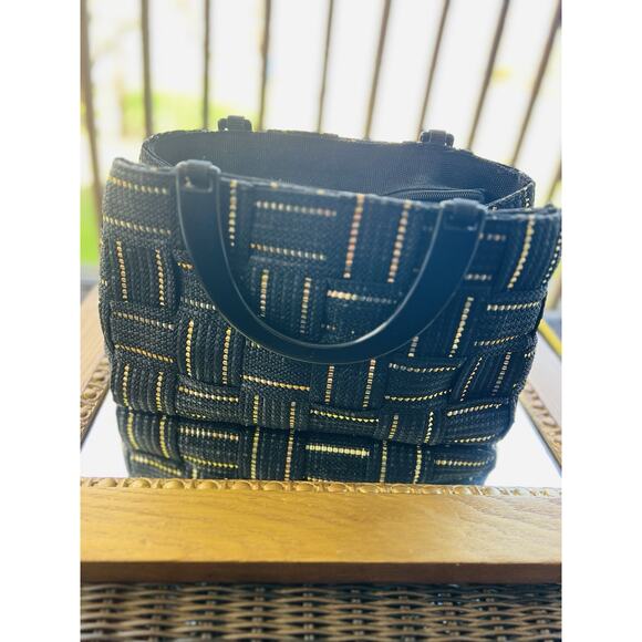 Vintage M&G Bertini Black and Gold Tote Bag Double Lucite Handles Made In Italy - Picture 11 of 12